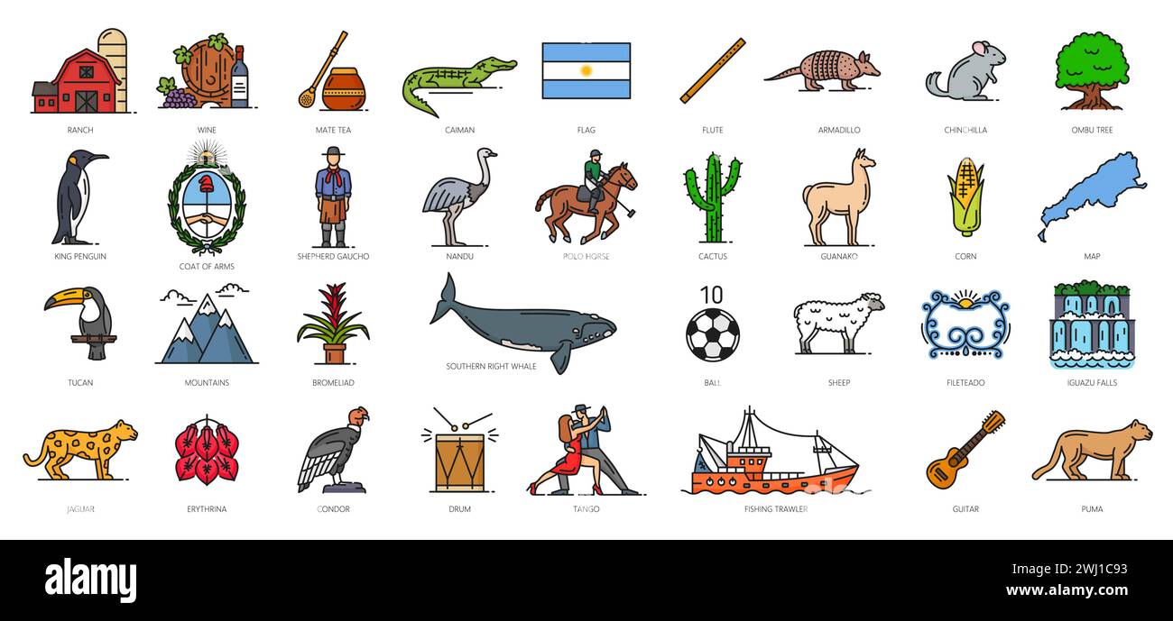 Argentina color line icons, argentine travel symbols. Ranch, wine, mate tea and caiman, flag flute, armadillo and chinchilla. Ombu tree, king penguin, coat of arms and shepherd Gaucho, nandu and corn Stock Vector