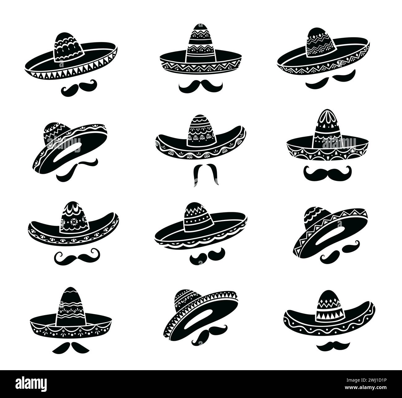 Mexican sombrero hats with mustaches and Mexico ethnic ornament, vector