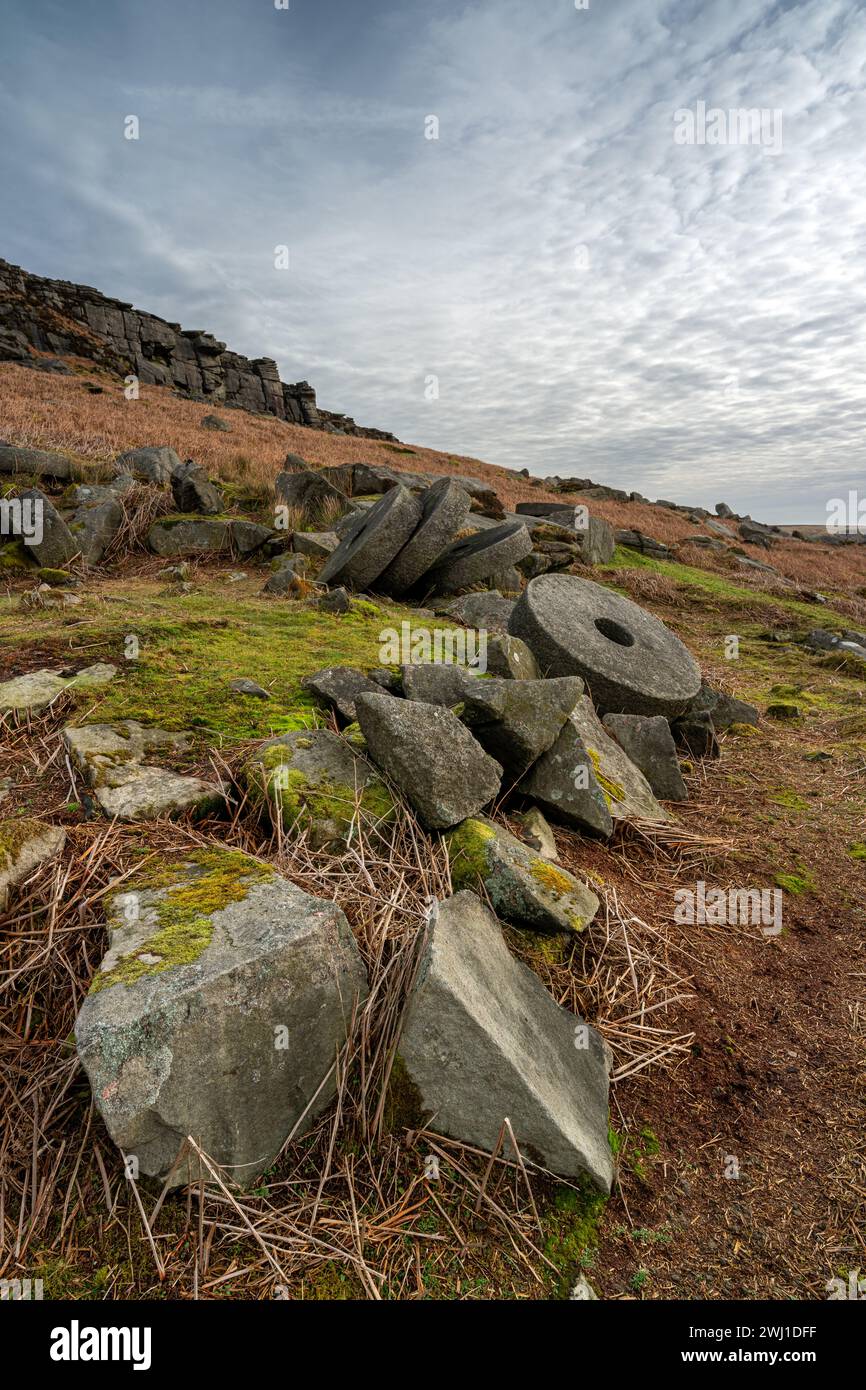 Stanage Edge millstones in the Derbyshire Peak District National Park during winter. Stock Photo