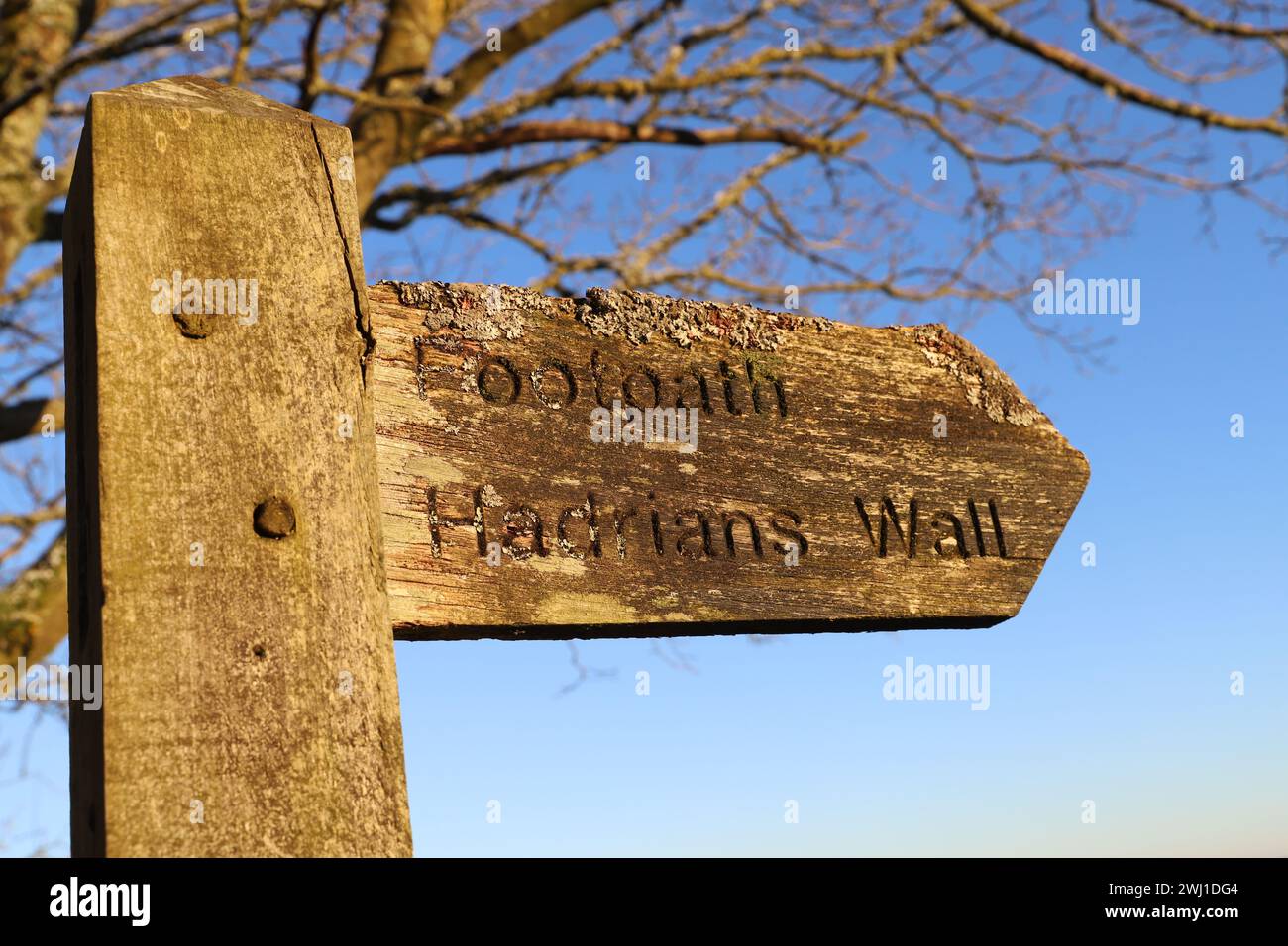 Footpath sign to Hadrian's Wall, Steel Rigg, Northumberland, England Stock Photo