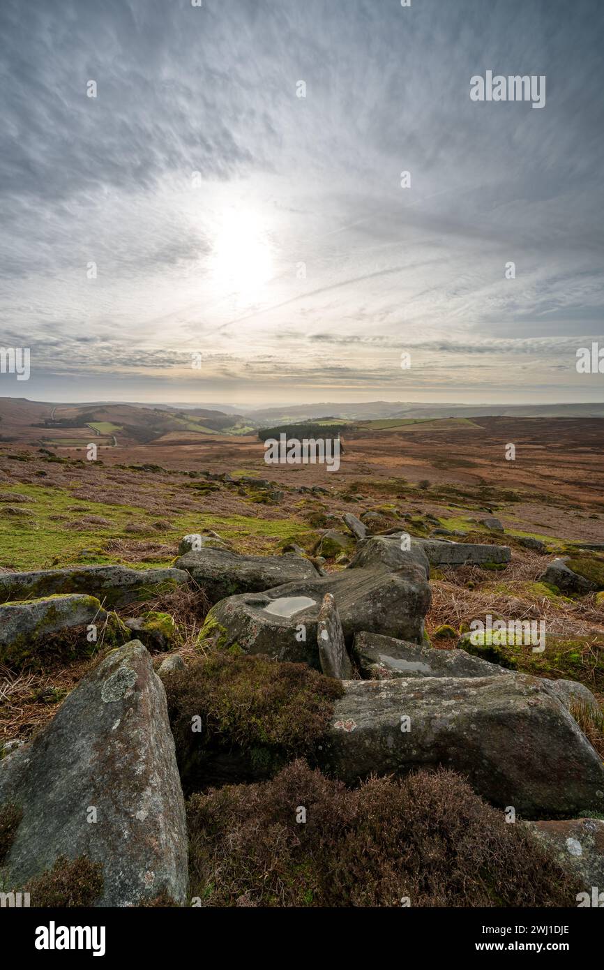 Stanage Edge bleak winter Derbyshire Peak District National Park rural landscape. Stock Photo