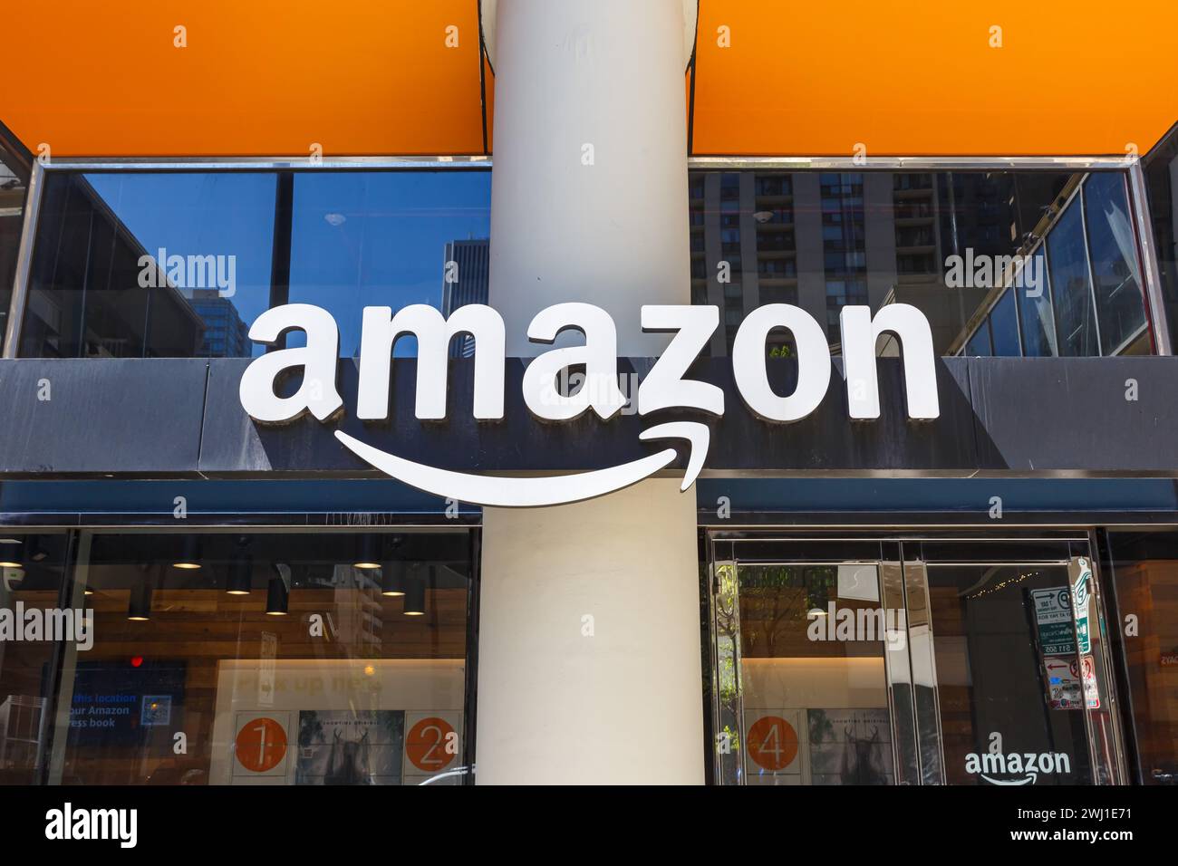 Amazon logo at a pick-up store pick-up point for goods ordered online in Chicago, USA Stock Photo