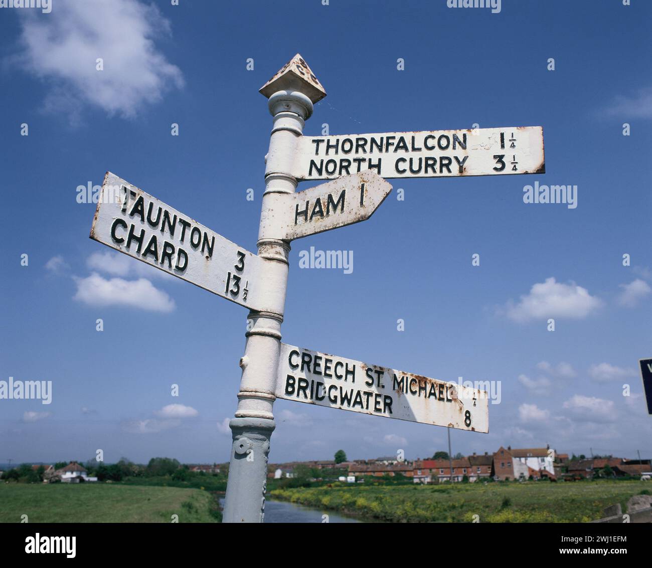 England. Somerset. Old directions road signpost at Creech St. Michael. Stock Photo