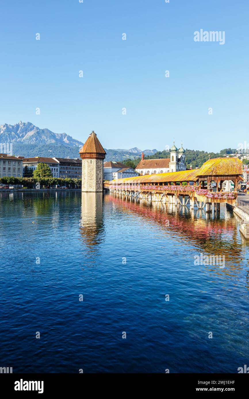Lucerne city on the river Reuss with Chapel Bridge and Mount Pilatus portrait in Switzerland Stock Photo