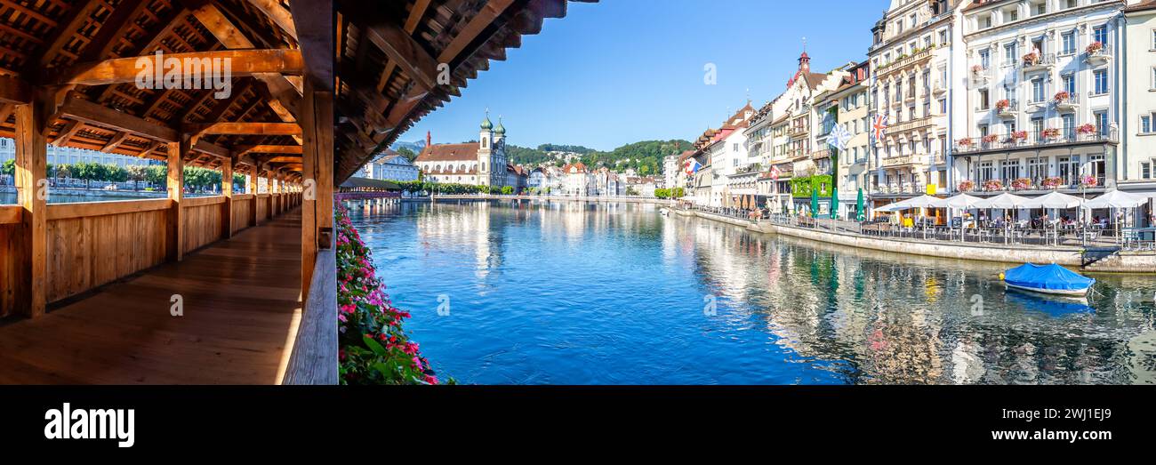 Lucerne Chapel Bridge city on the river Reuss with bridge panorama in Switzerland Stock Photo