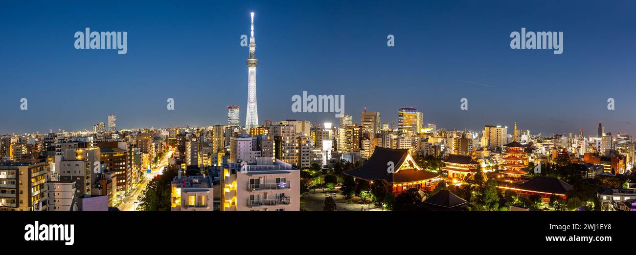 Tokyo SkyTree Tower and Asakusa Shrine with the skyline skyscrapers panorama at night in Tokyo, Japan Stock Photo