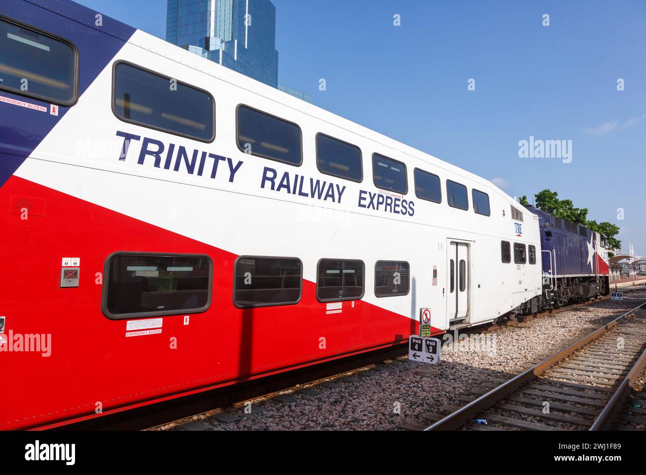 Trinity Railway Express TRE train regional railroad at Union Station in Dallas, USA Stock Photo