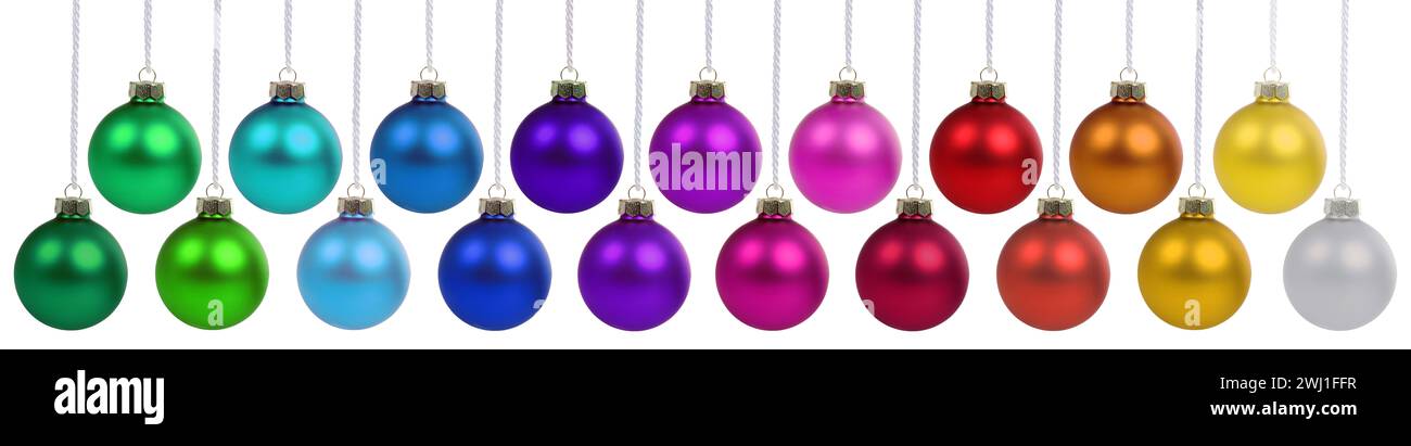 Christmas baubles banner Christmas baubles in bright colors decoration hanging cut-out isolated Stock Photo