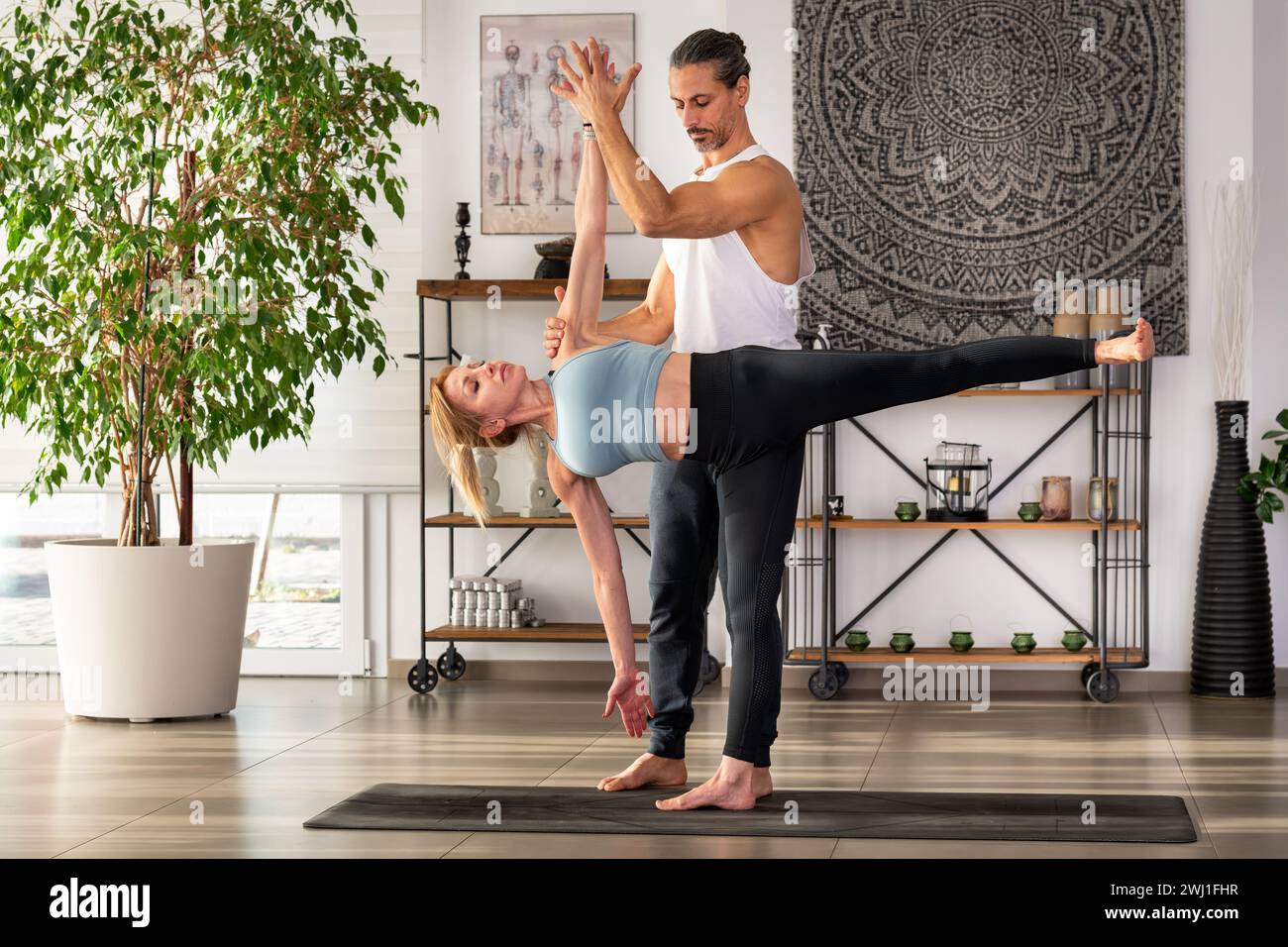 Full body of yoga teacher holding hand of woman while assisting her with Ardha Chandrasana indoors during training against potted green plant shelves Stock Photo