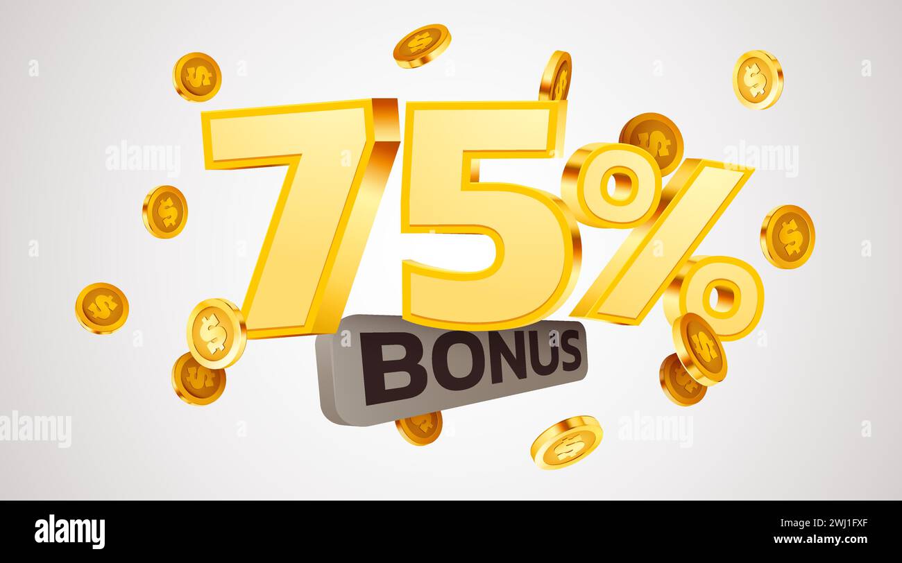 75 percents bonus. Falling golden coins. Cashback or prize concept ...