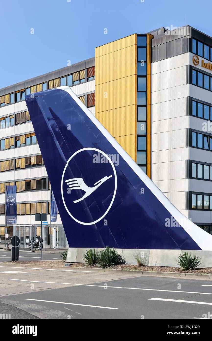 Aircraft tail unit at Lufthansa base at Frankfurt airport in Germany Stock Photo