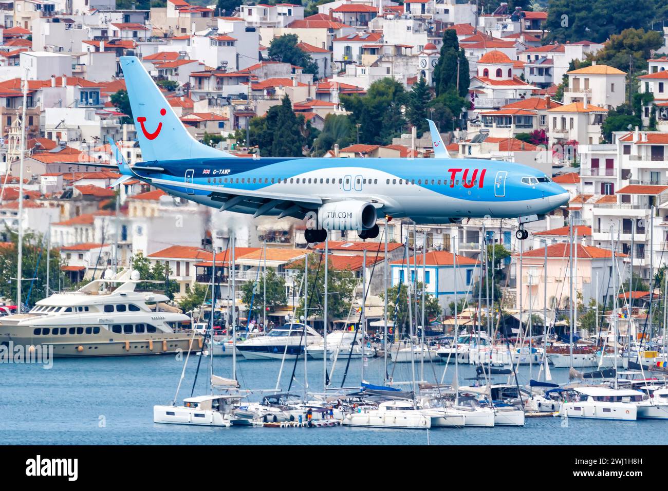 TUI Airways Boeing 737-800 aircraft Skiathos Airport in Greece Stock Photo