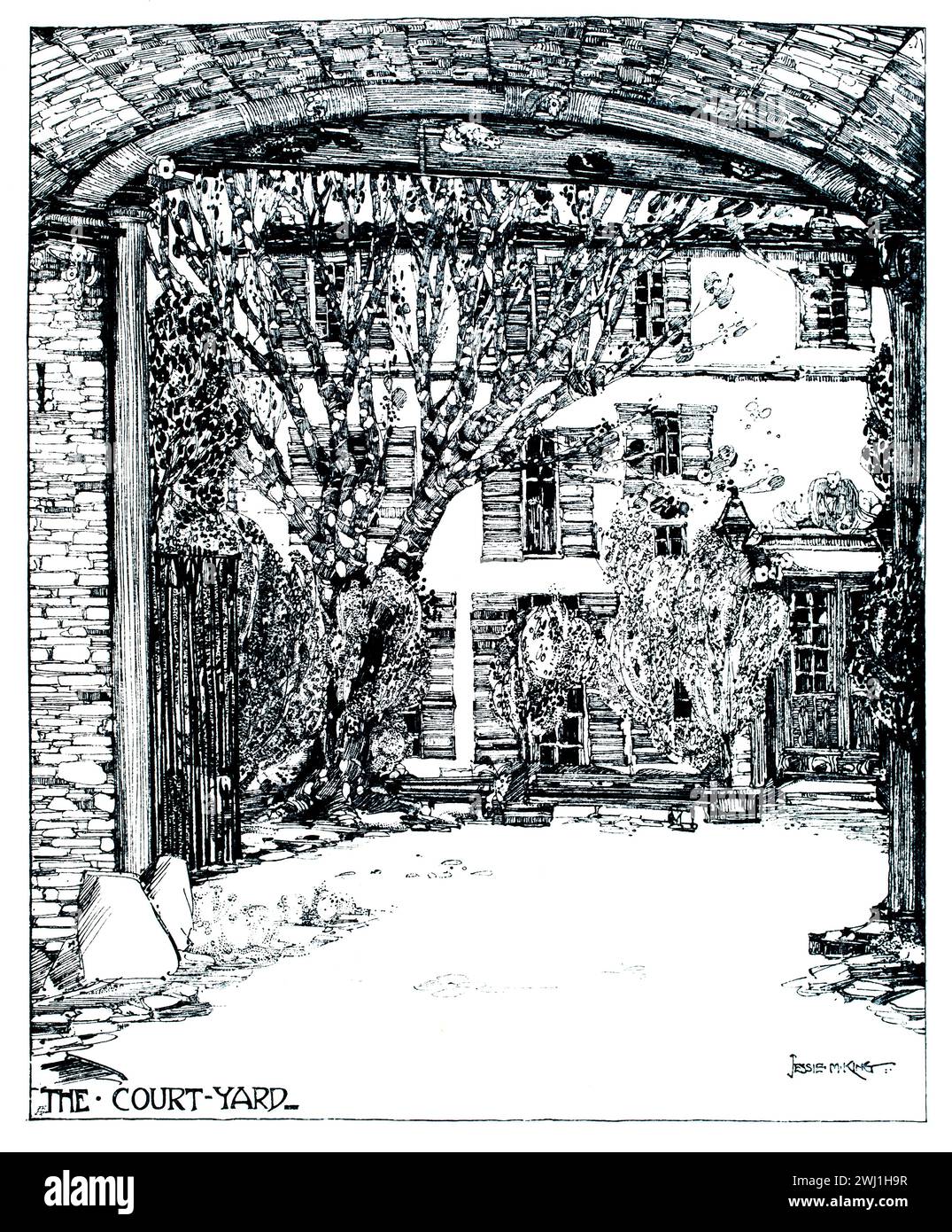 The Court-yard, Avignon, line illustration, by Jessie Marion King Stock Photo