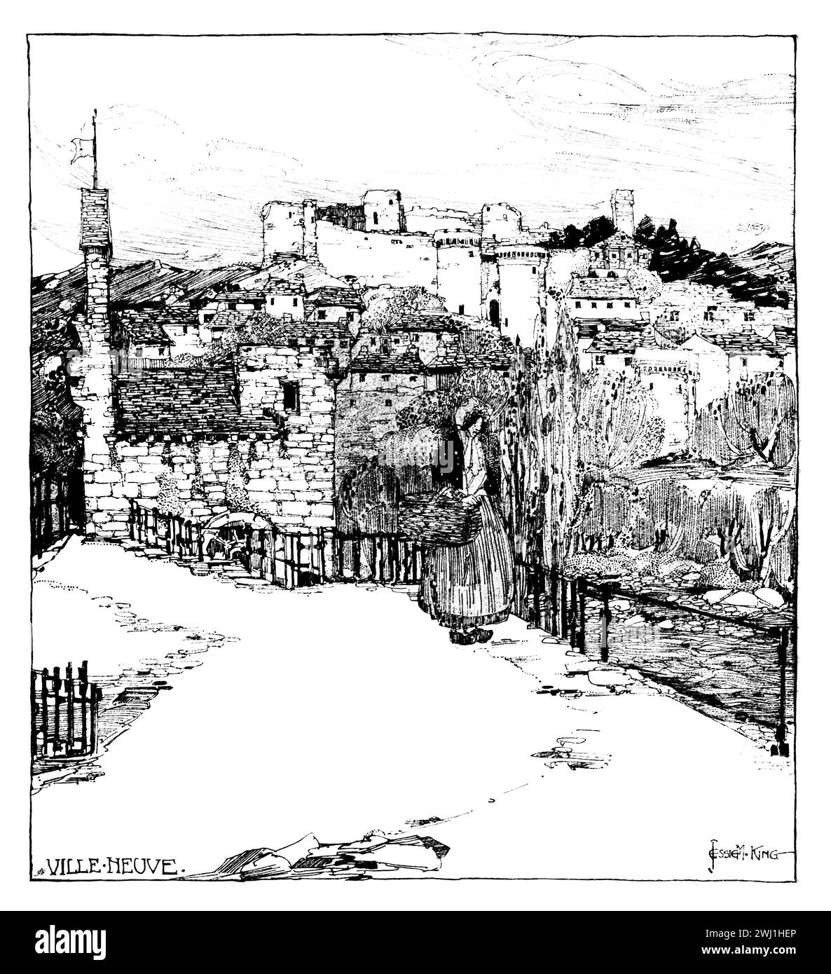 Villeneuve-lès-Avignon, hilltop Fort St.-André, line illustration, by Jessie Marion King Stock Photo