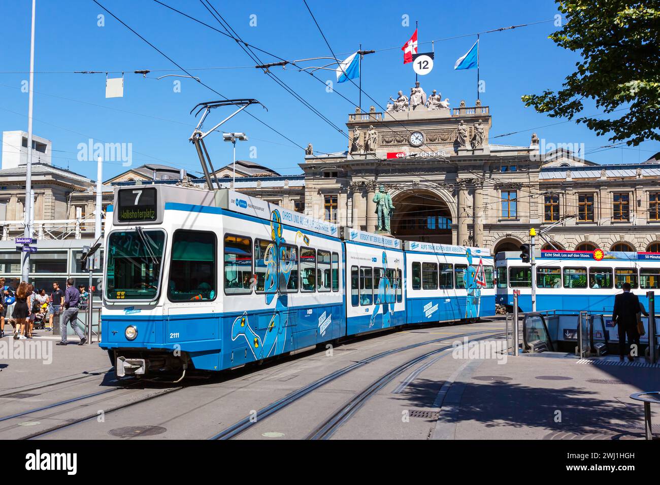Bahnhofstrasse with streetcar type Tram 2000 Public transportation in Zurich, Switzerland Stock Photo