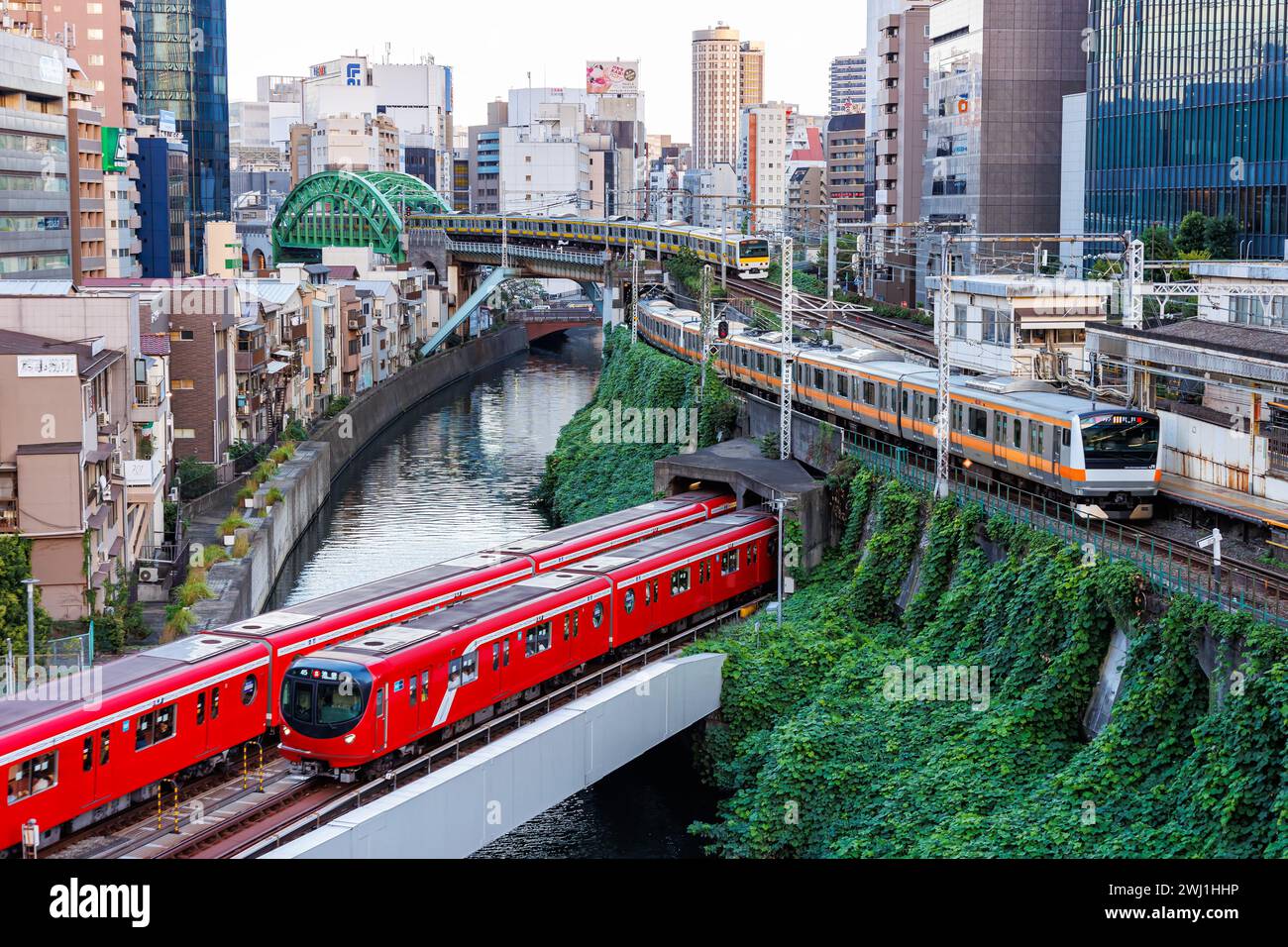 Local transportation in Tokyo with trains of the metro and railroads of Japan Rail JR in Tokyo, Japan Stock Photo