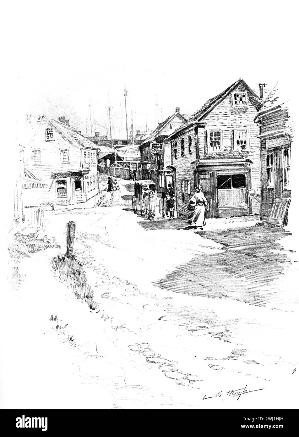 Marblehead Massachusetts, pencil illustration by early 20th century American artist; Lester G. Hornby Stock Photo