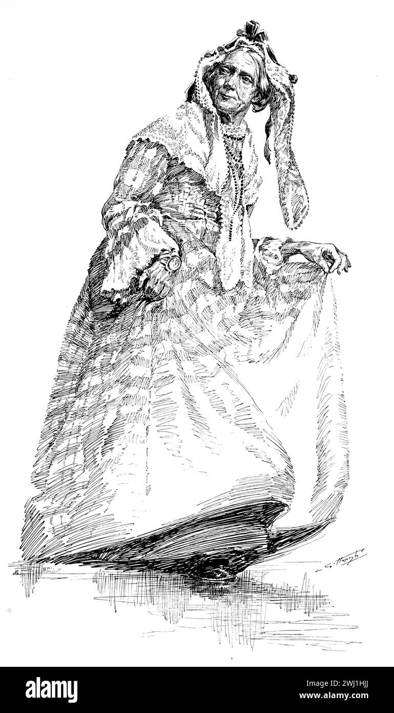 In Her Finery, line illustration of woman in ornate costume by early 20th century American artist; Lester G. Hornby Stock Photo