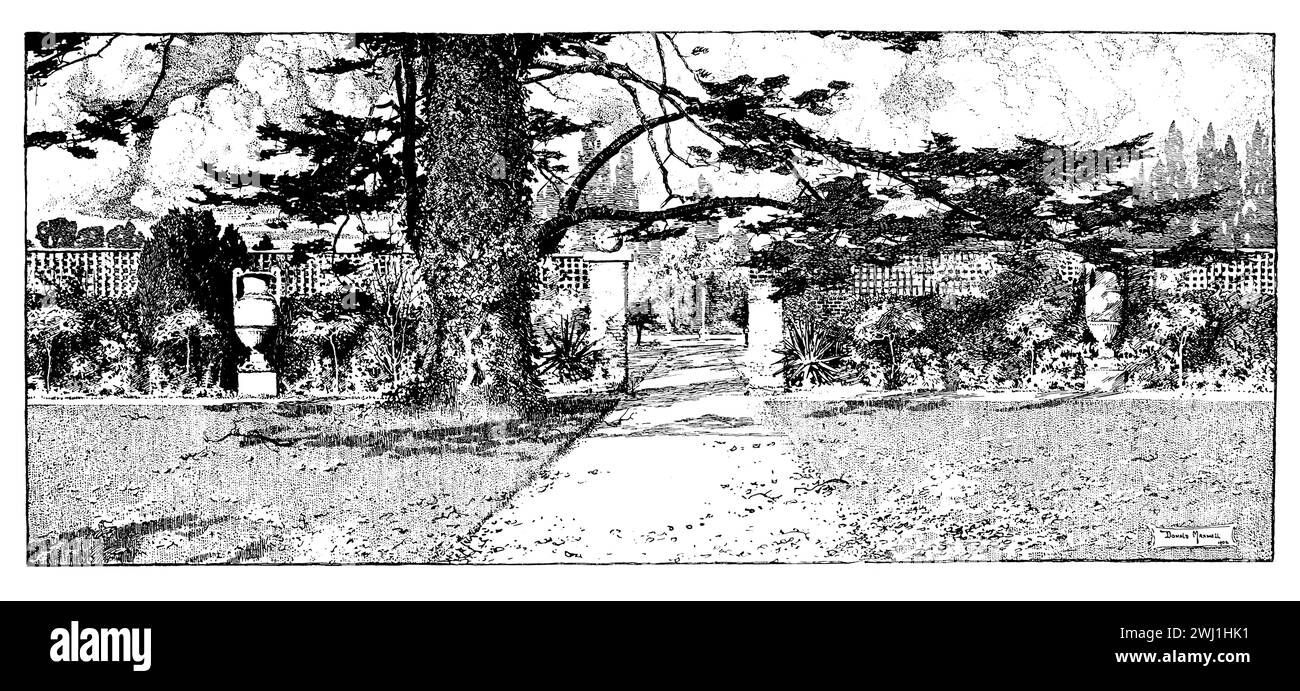 1902 illustration of wall in country house garden, by English illustrator, Donald Maxwell Stock Photo
