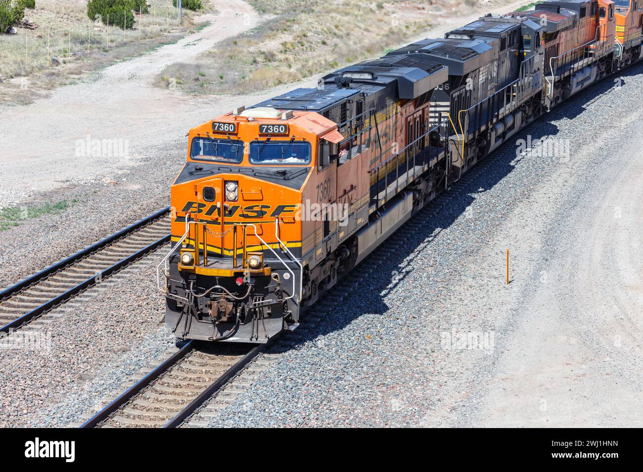 BNSF Railway freight train at Abo Pass in New Mexico, USA Stock Photo