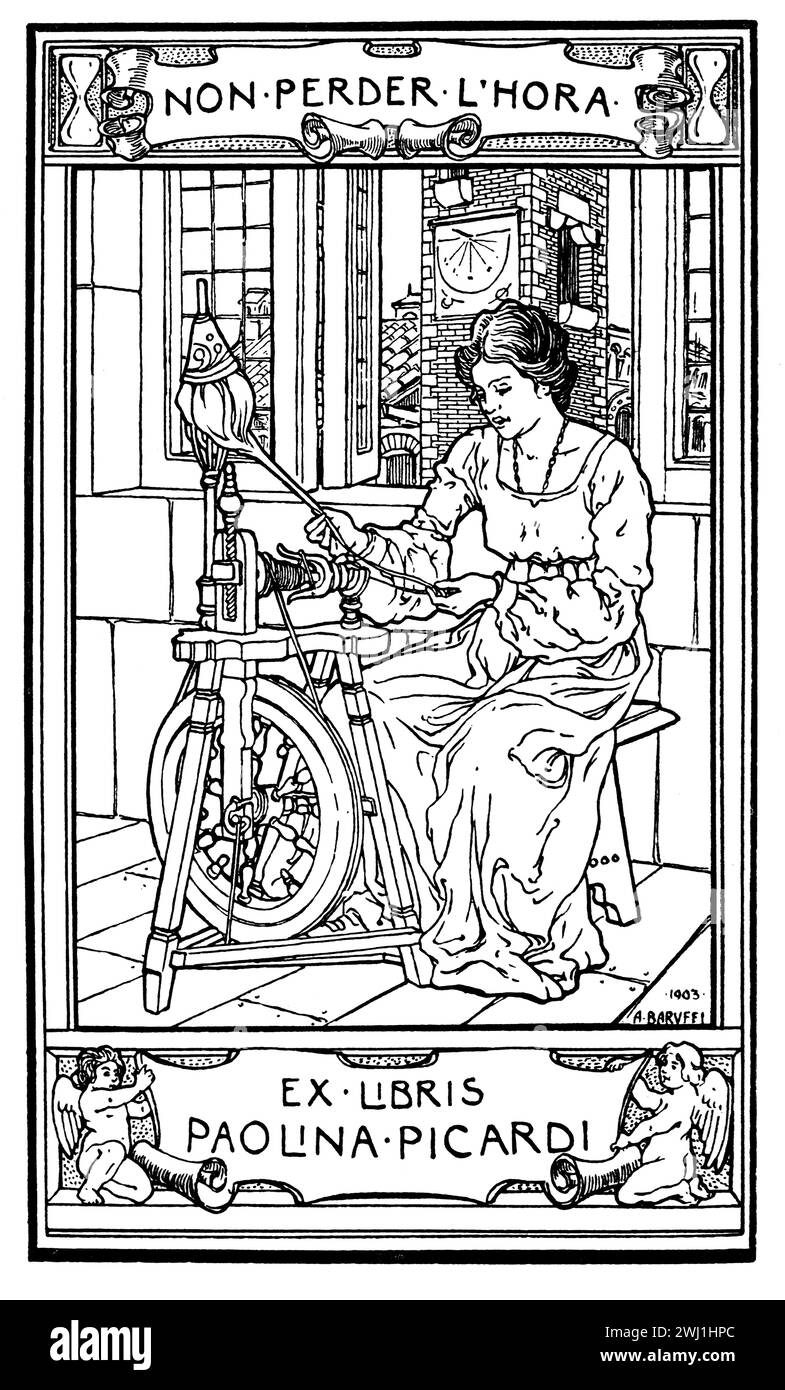1903 book plate, non perder l'hora, don't miss the hour, woman, spinning thread illustration for Paolina, Picardi by Bolognese, graphic artist, Alfred Stock Photo
