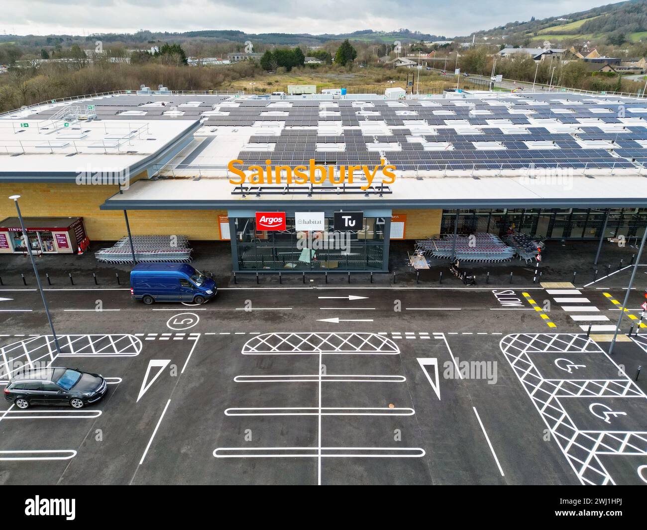 Pontyclun, Wales, UK - 11 February 2024: Drone view of the front of a new Sainsbury's supermarket Stock Photo