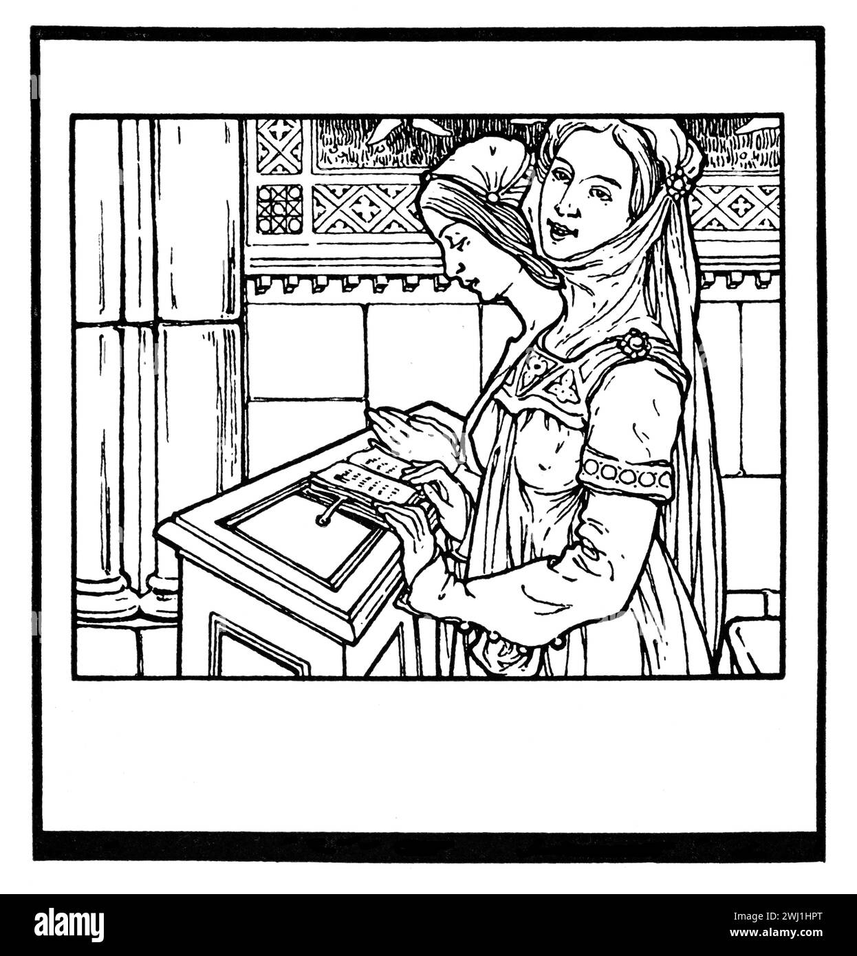 1905 romantic, illustration of medieval women at reading lectern by Bolognese, graphic artist, Alfredo Baruffi Stock Photo