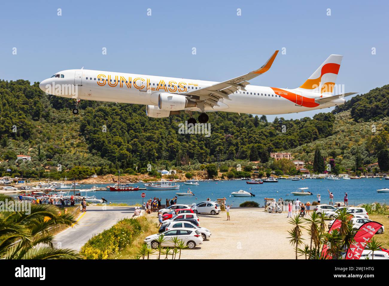 Sunclass Airbus A321 aircraft Skiathos Airport in Greece Stock Photo