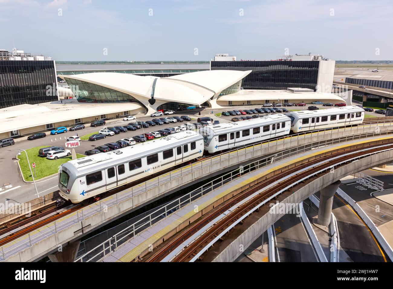 TWA Hotel, Air Train train and Terminal 5 at New York JFK Airport in ...