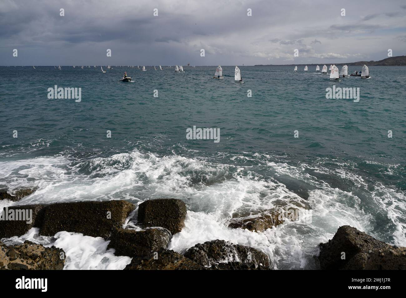 Catanzaro, Catanzaro, Italy. 11th Feb, 2024. A moment of the race.Second day of the '9th BPER BANCA Crotone International Race'', for the Optimist sailors coming from 8 different country in Crotone, organised by Club Velico Crotone. (Credit Image: © Valeria Ferraro/ZUMA Press Wire) EDITORIAL USAGE ONLY! Not for Commercial USAGE! Stock Photo