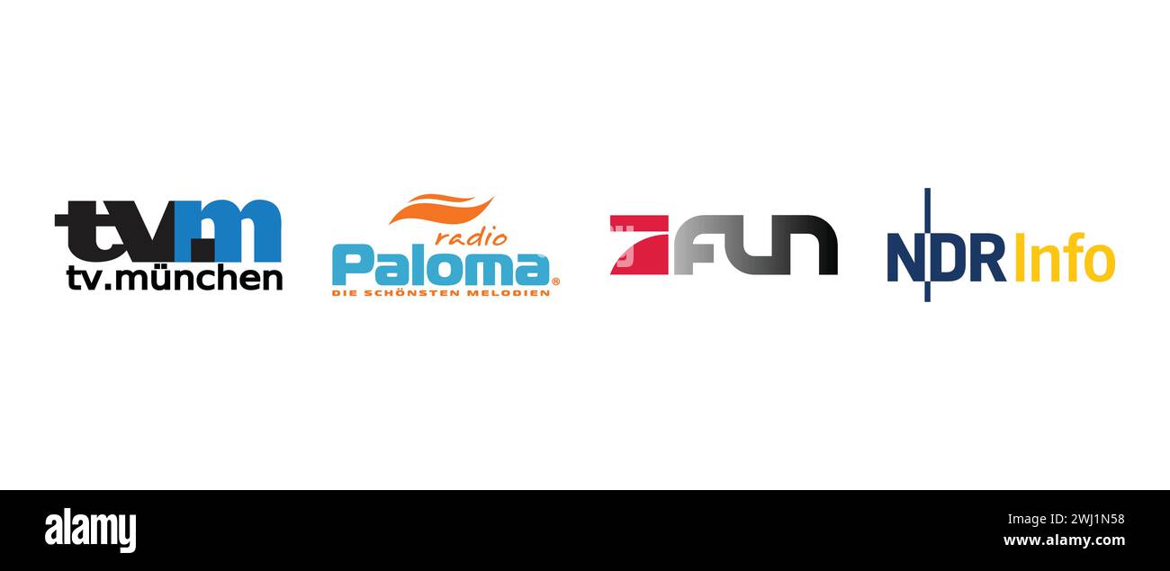 Radio Paloma, TV Munchen, NDR Info, ProSieben Fun. Vector illustration, editorial logo. Stock Vector