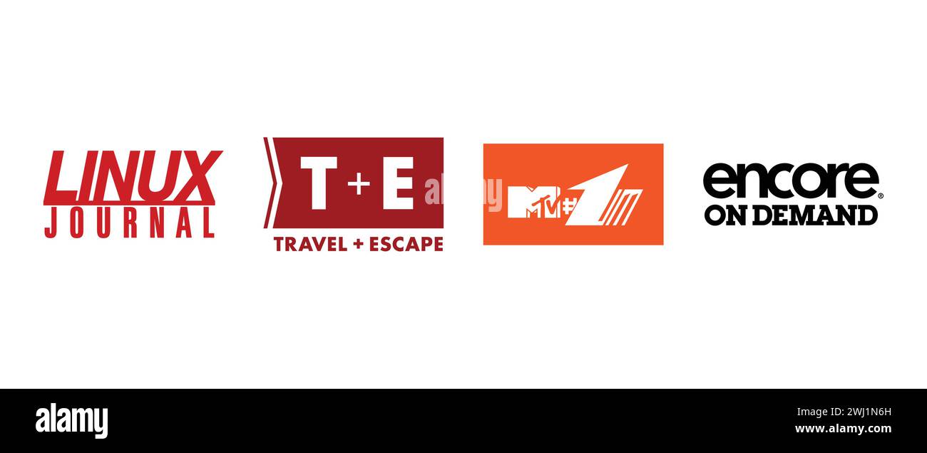 Linux Journal, MTV 1, Encore On Demand, Travel plus Escape. Vector illustration, editorial logo. Stock Vector
