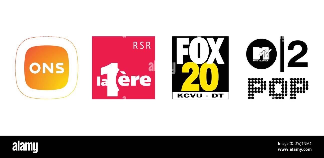 ONS, La Premiere RSR, FOX 20 KCVU, MTV 2 Pop. Vector illustration, editorial logo. Stock Vector