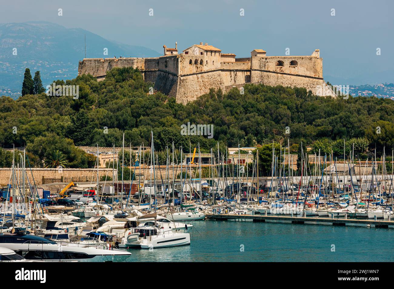 View of the famous Fort Carré and yachts at the Port Vauban in Antibes, France. Stock Photo