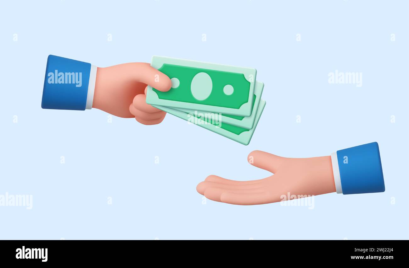 3d Cartoon character hands give and take money. Payment and shopping, good deal partnership, salary, charity, corruption, gift concept. 3d rendering. Stock Vector