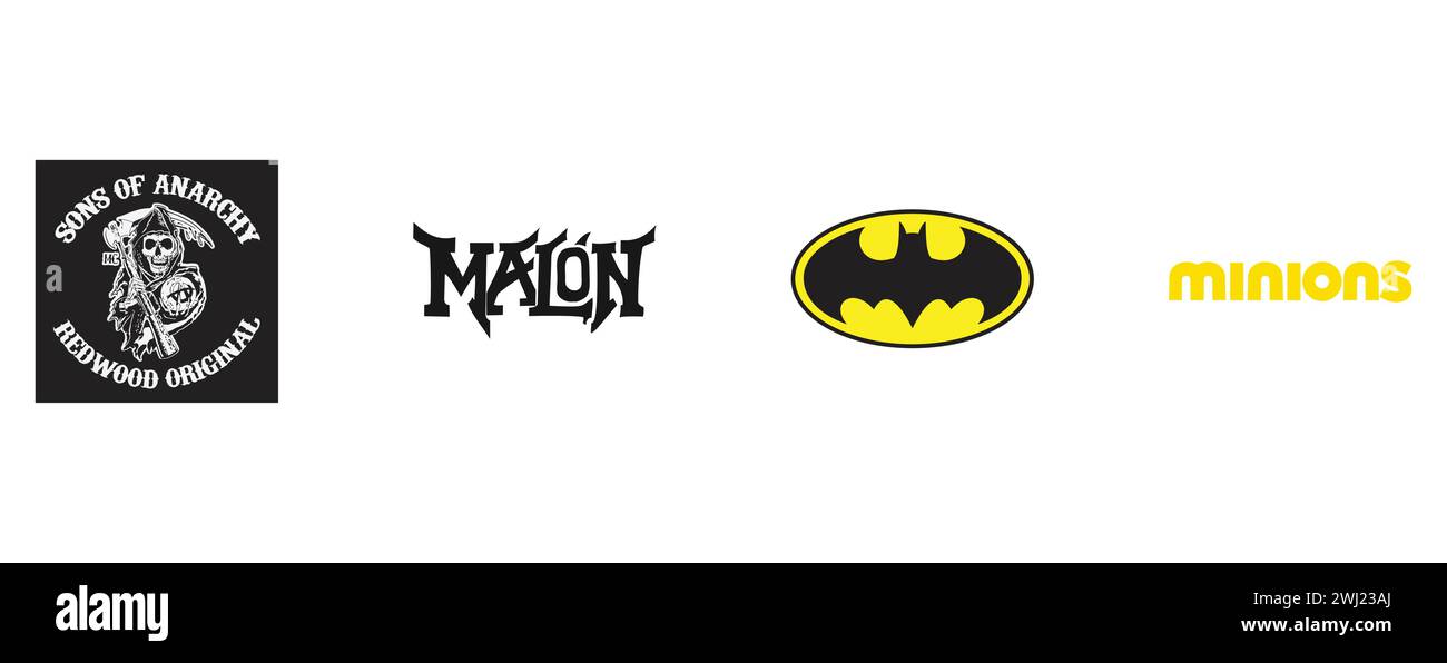 SONS OF ANARCHY, MALON, BATMAN, MINIONS. Editorial vector brand logo collection. Stock Vector