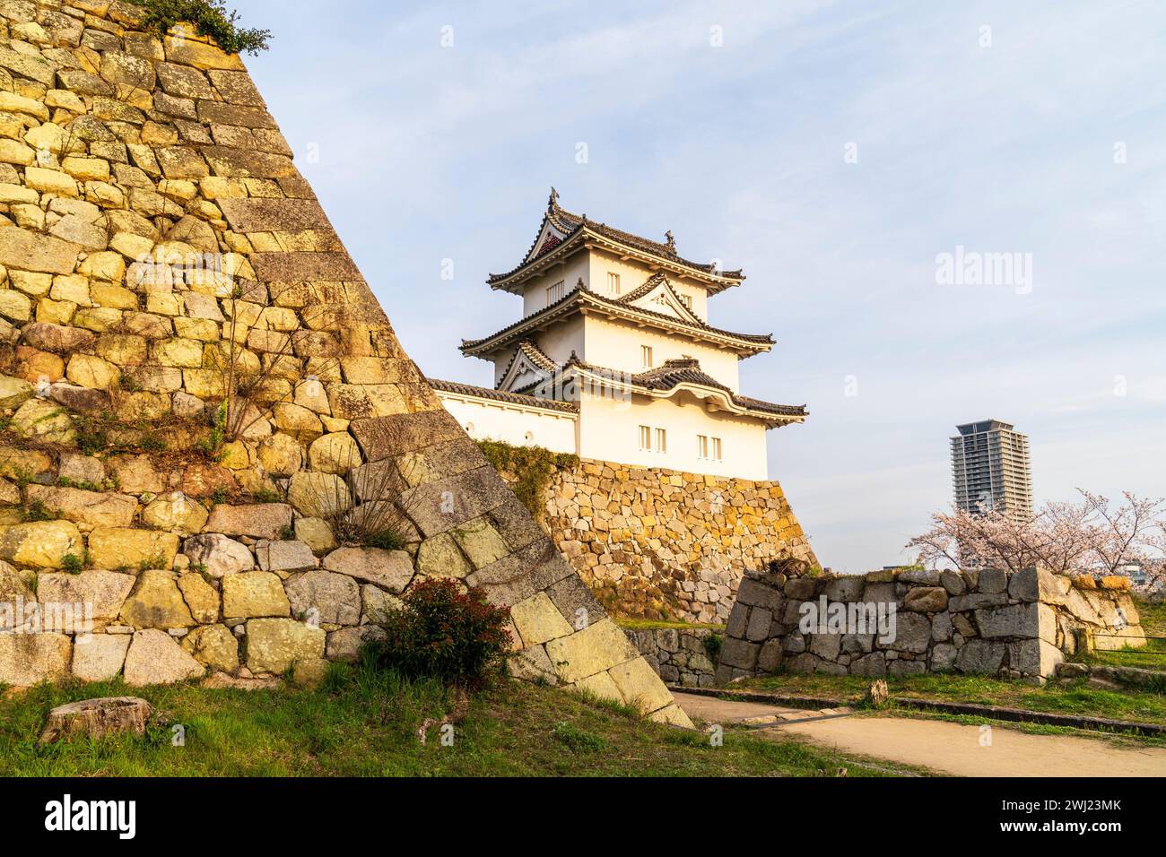 Akashi castle in Japan. The Hitsujisaru yagura, turret, with in foreground, ishigaki stone walls with path between them, cherry blossoms and blue sky. Stock Photo