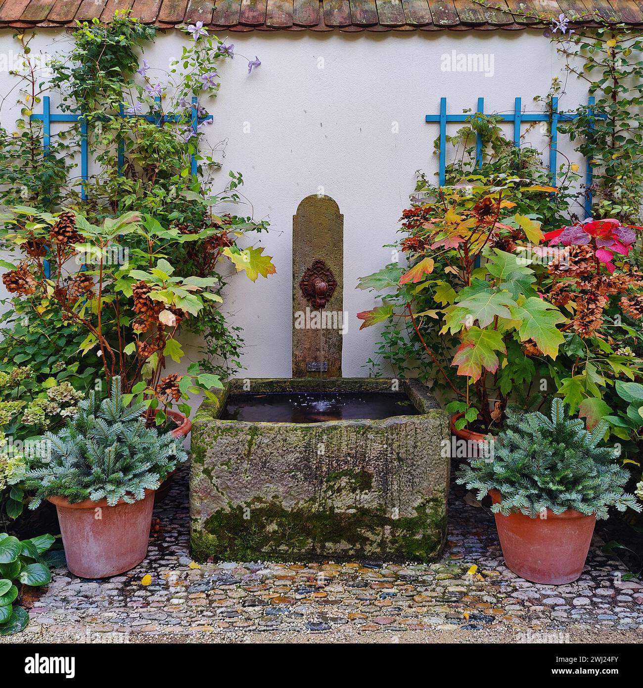 Garden with original fountain, German Romanticism Museum, Goethe House, Frankfurt am Main, Germany Stock Photo