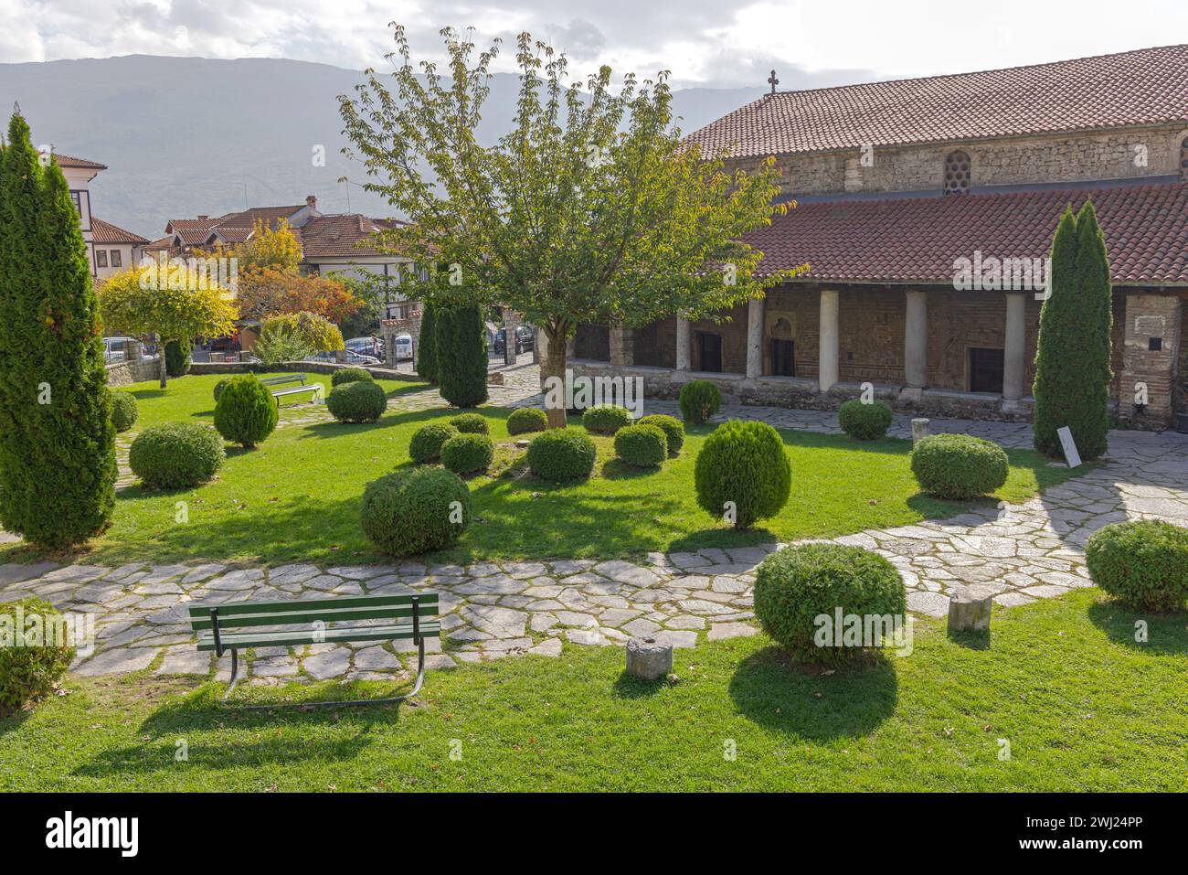 Ohrid, North Macedonia - October 23, 2023: Cultivated Garden in Macedonian Orthodox Church Yard of Saint Sophia Autumn Day. Stock Photo