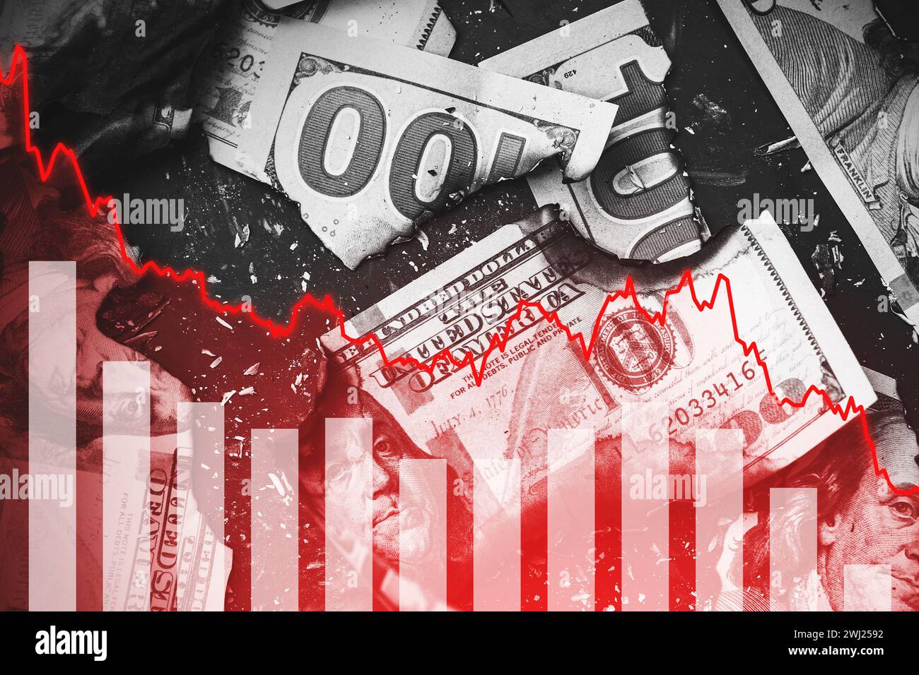USD bills with overlayed falling sparkline chart. Concept of economic ...
