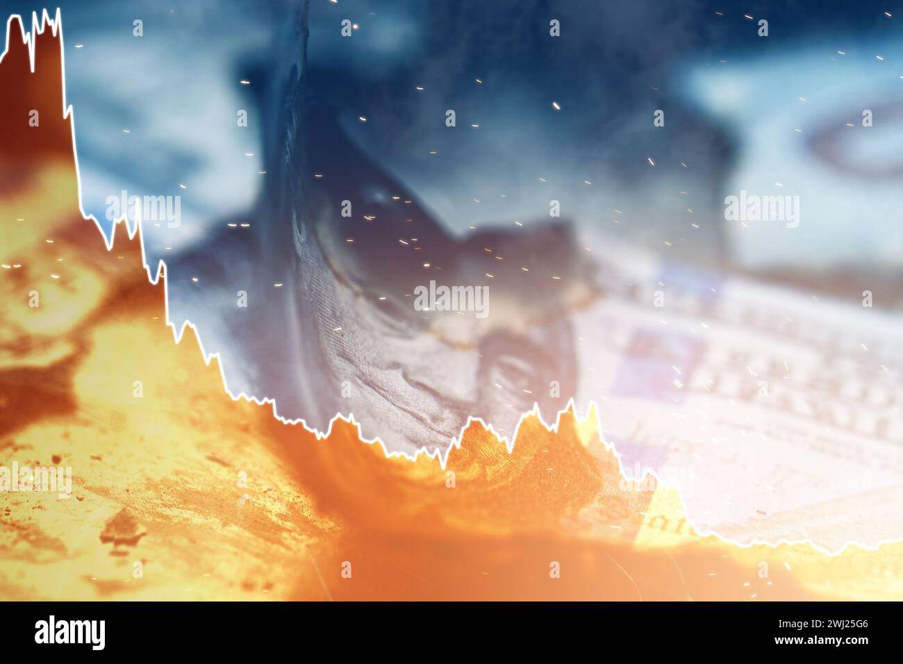 USD bills with overlayed falling sparkline chart. Concept of economic ...