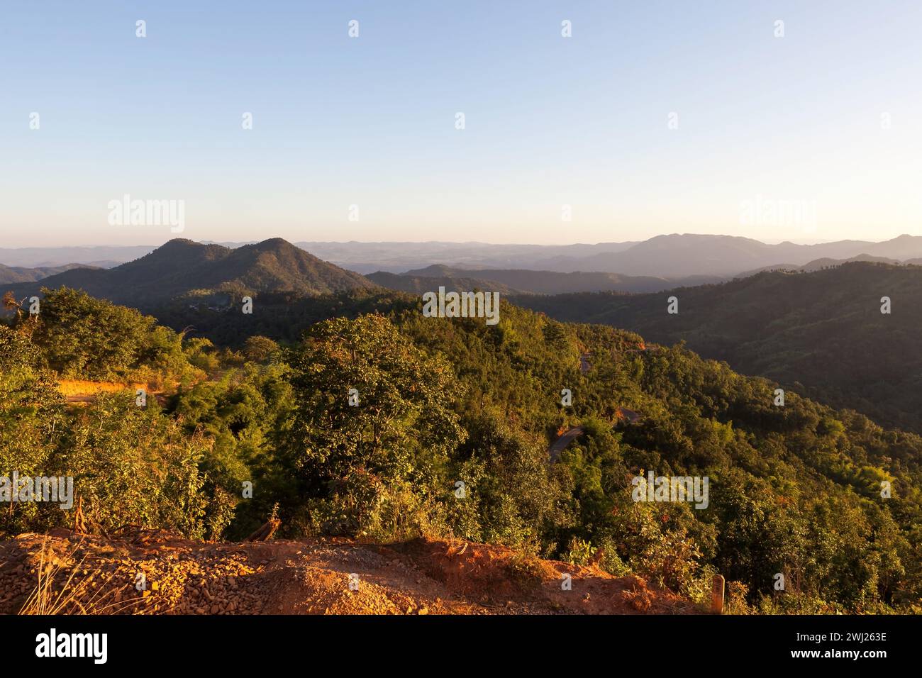 Beautiful landsape in Myanmar on sunny day. On the famous trekking trail between Kalaw town an Inle Lake. Stock Photo