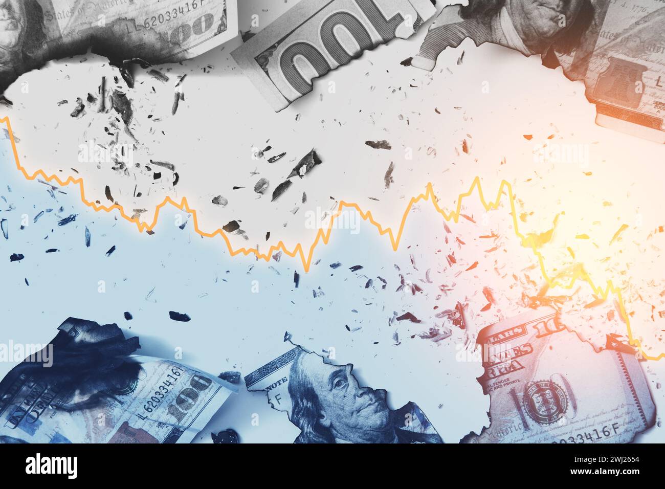 USD bills with overlayed falling sparkline chart. Concept of economic ...