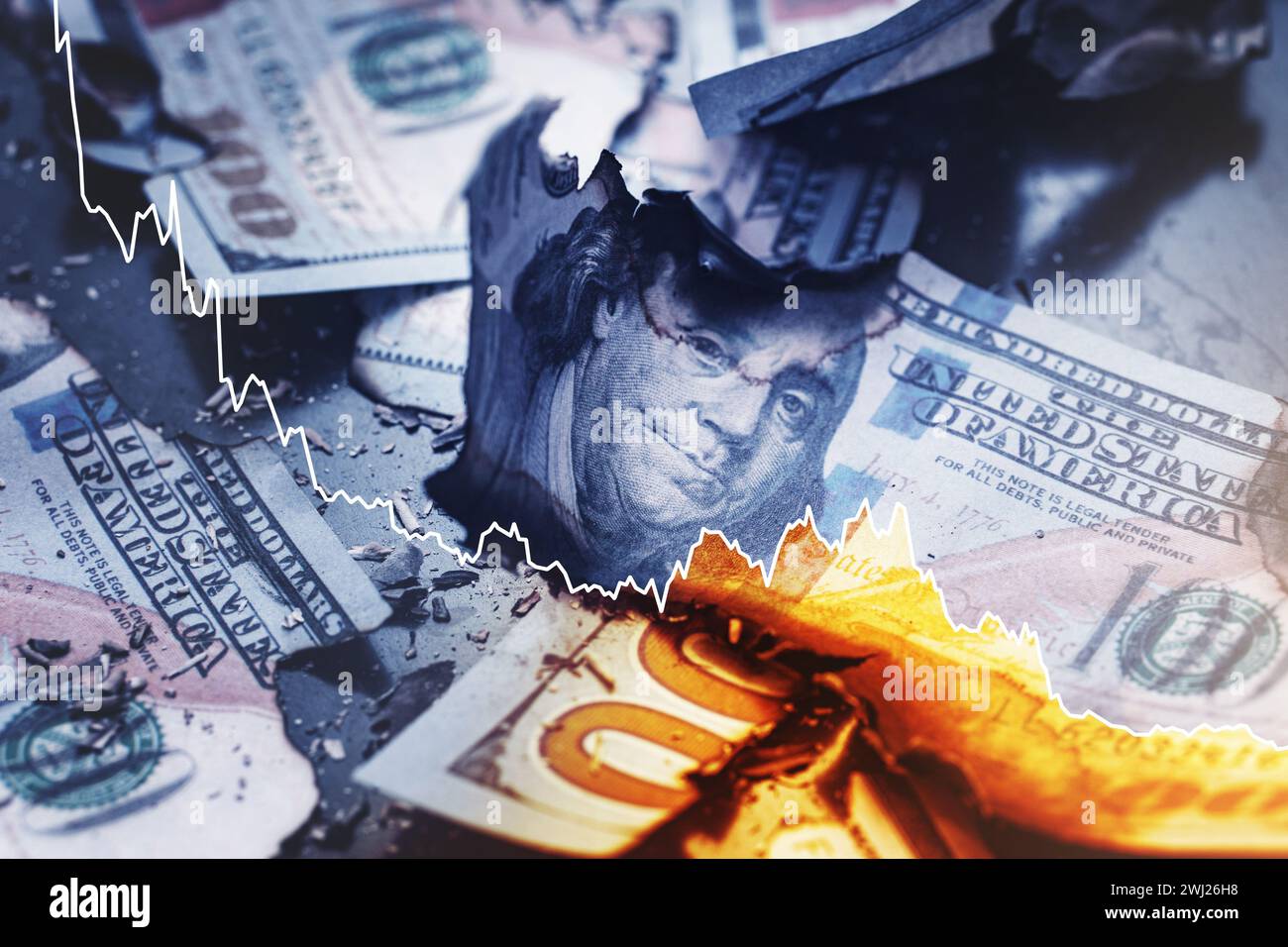 USD bills with overlayed falling sparkline chart. Concept of economic ...