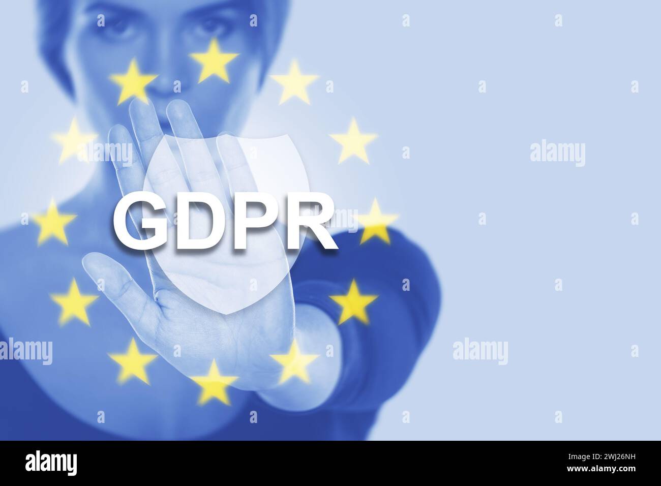 Angry woman and GDPR sign -  Regulation on the protection of natural persons with regard to the processing of personal data Stock Photo
