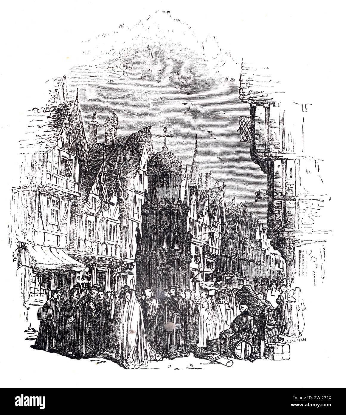 Street in Cheapside, London in the 16th or 17th  century. Black and White Illustration from the 'Old England' published by James Sangster in 1860. Stock Photo