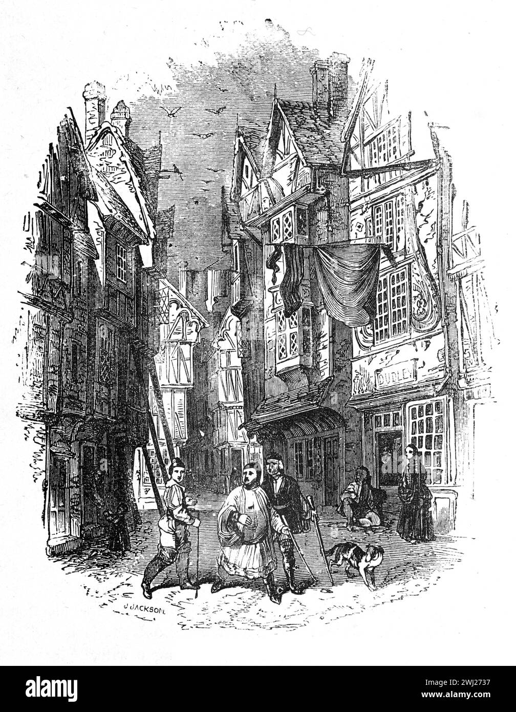 A street in London in the 16th or 17th century. Black and White Illustration from the 'Old England' published by James Sangster in 1860. Stock Photo
