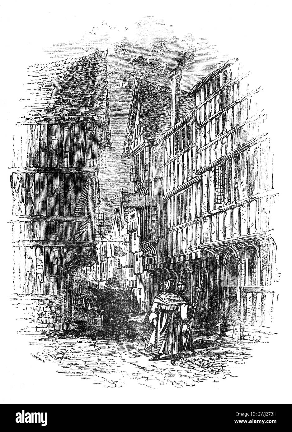 A street in London in the 16th or 17th century. Black and White Illustration from the 'Old England' published by James Sangster in 1860. Stock Photo