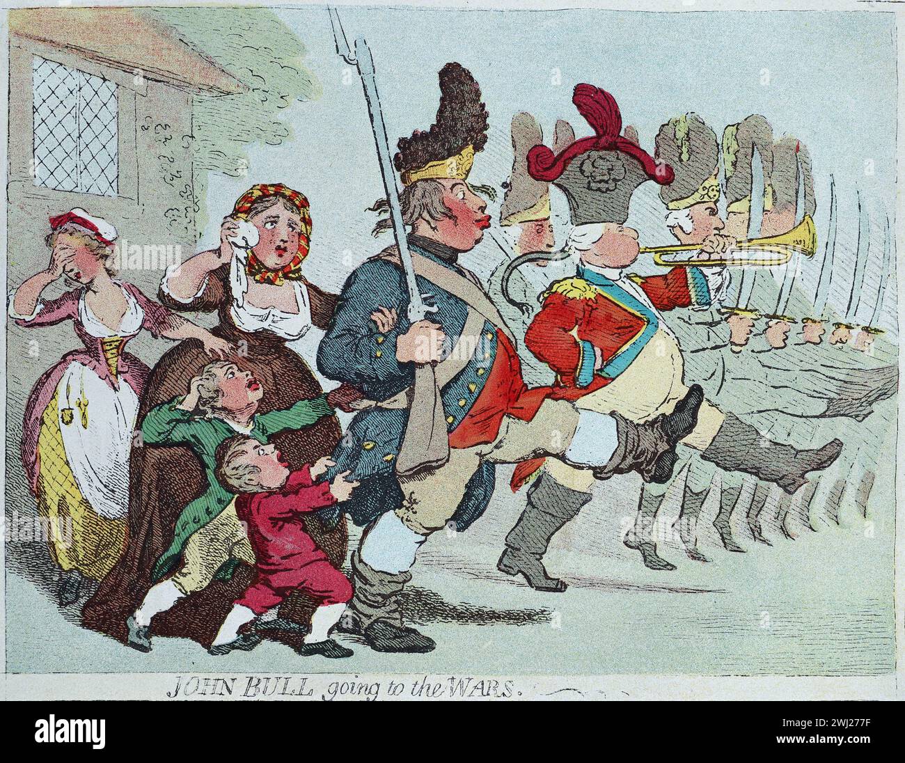 Satirical cartoon entitled, John Bull going to the Wars by James Gillray. Colour Illustration from the Connoisseur, an Illustrated Magazine for Collectors Voll 3 (May-Aug 1902) published in London. Stock Photo