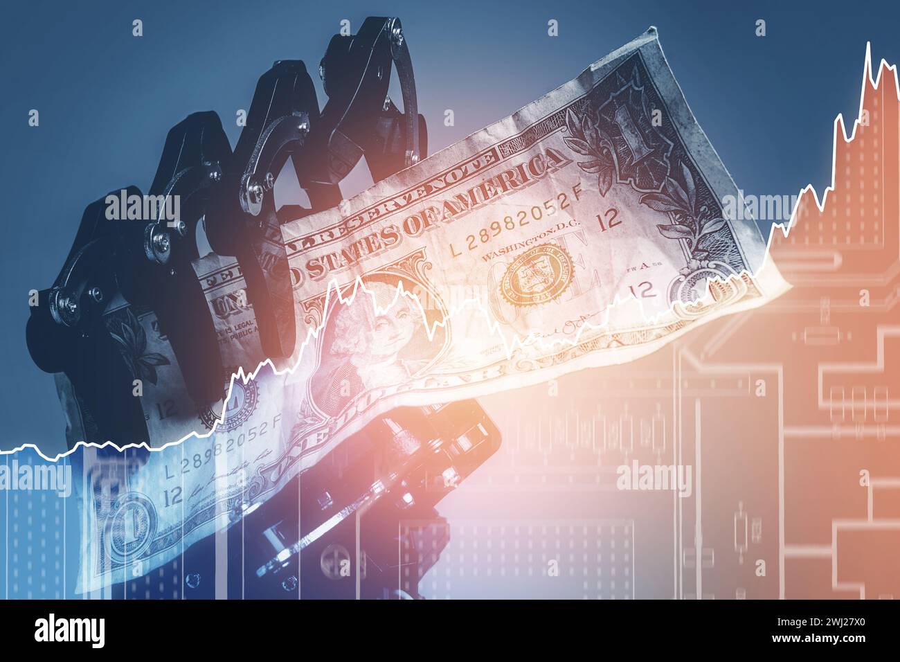 Real robotic hand with one dollar bill and rising sparkline chart. Investment in Artificial intelligence technology Stock Photo